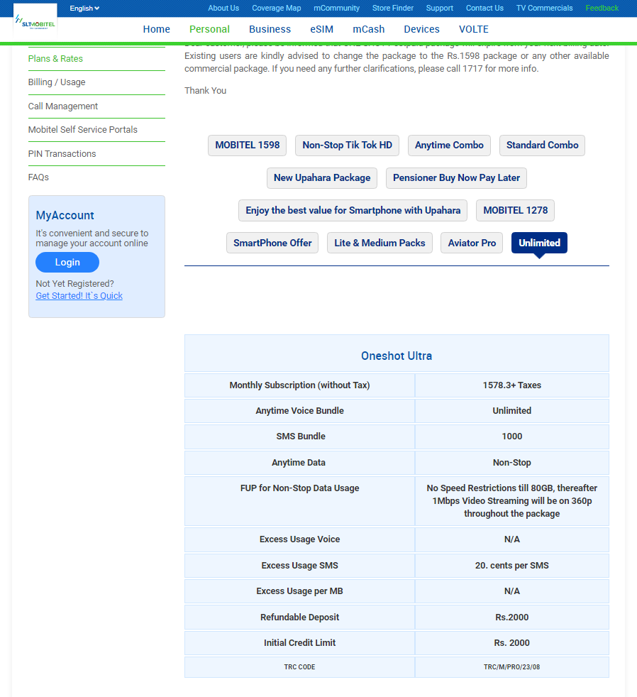 Postpaid & Prepaid Unlimited/Combo Packages